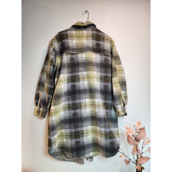 Joie XL Plaid Shacket Jacket Green Gray Oversized Button-Up Shirt Coat 38"‎ - Picture 2 of 5